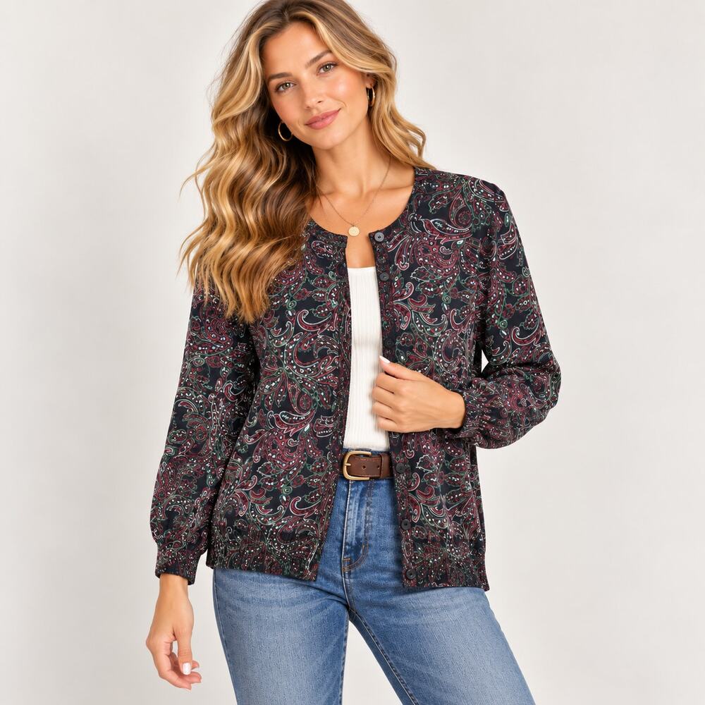 Lands' End 100% Supima Cotton Cardigan Sweater Women's Size 2X Black Paisley